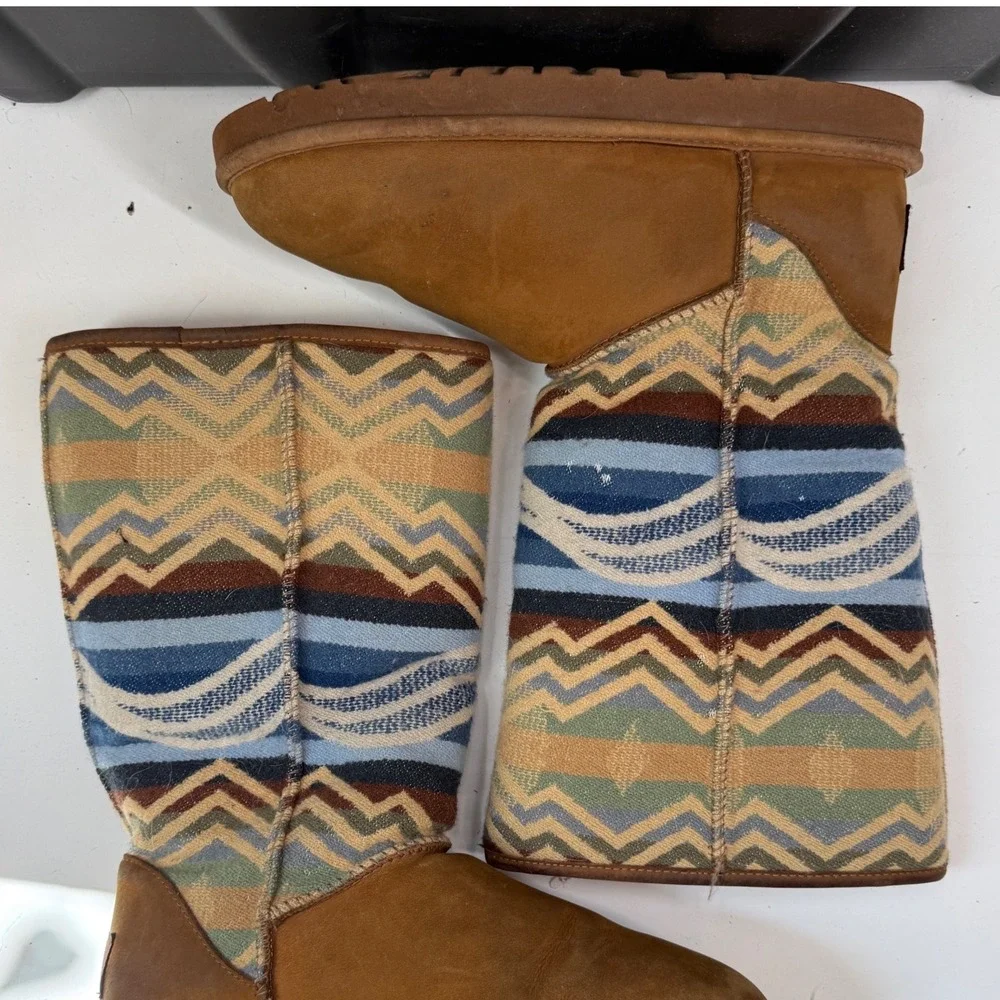 UGG Pendleton Tall Boots Chestnut Brown Geometric Wool Suede 1010225 Size 11